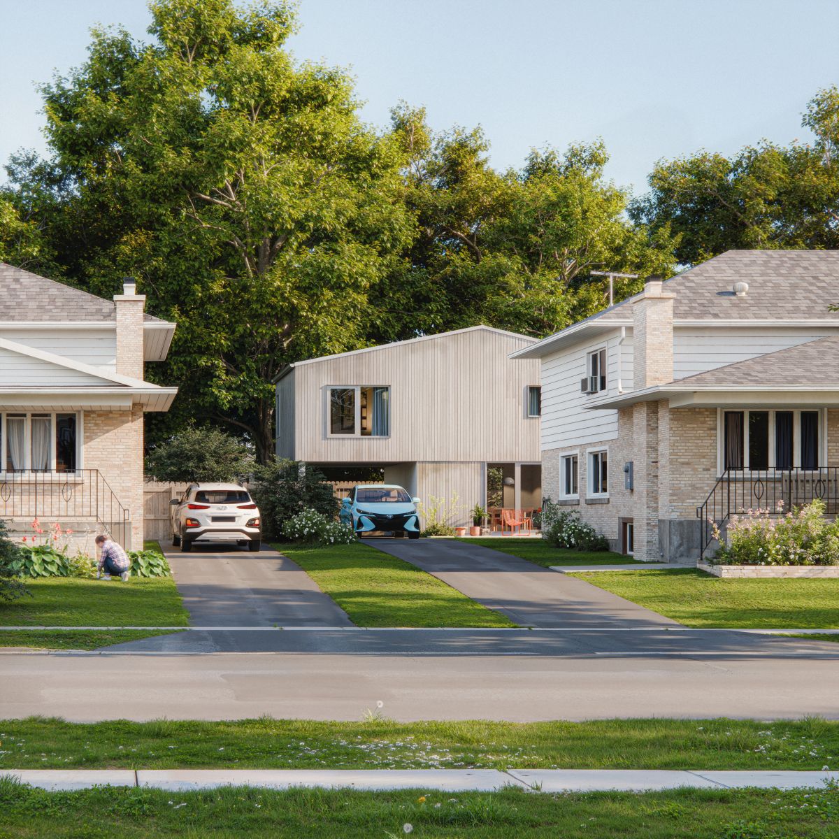 A 3D rendering of a ADU with a sleek, light wood exterior, tucked behind two  brick houses.